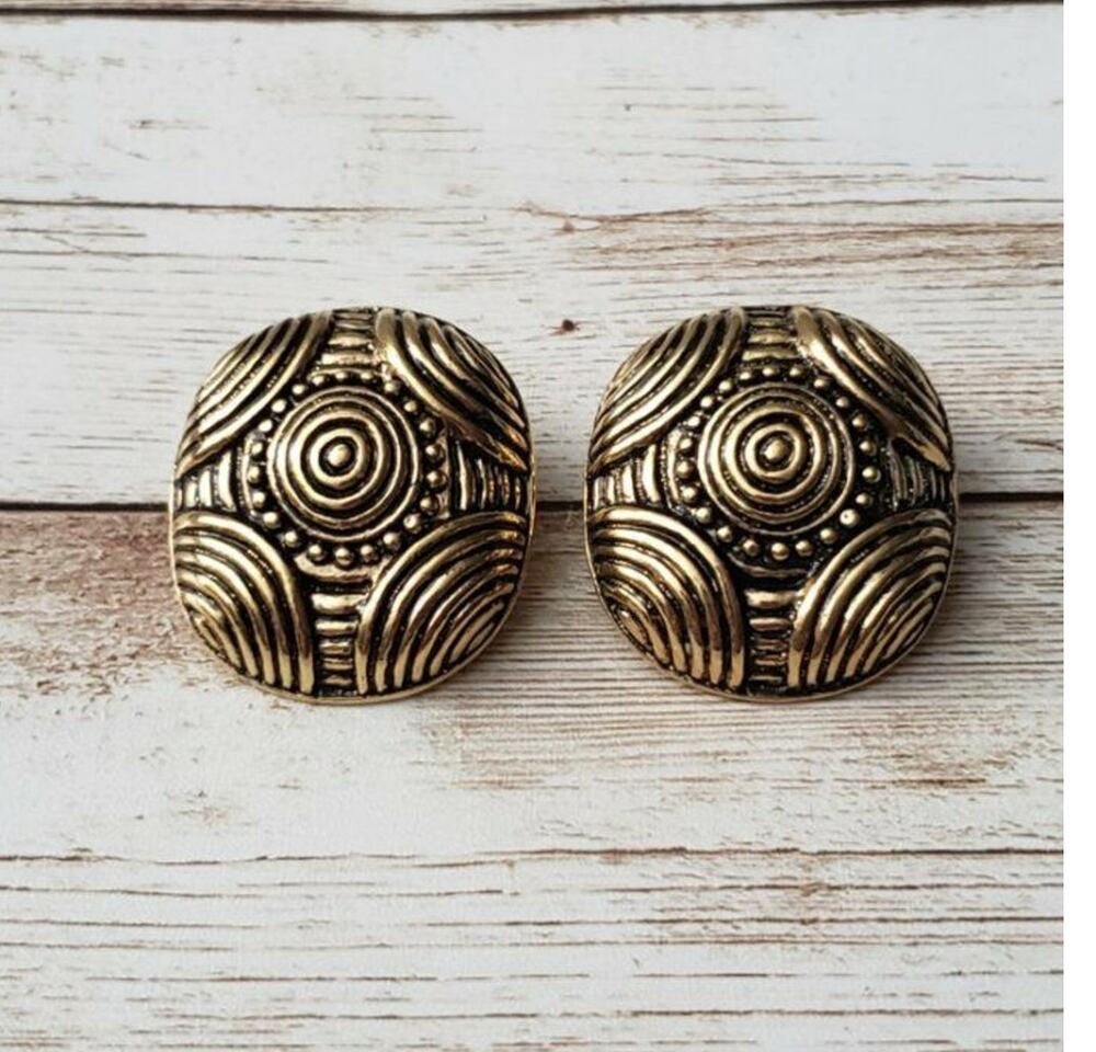 Vintage Clip On Earrings - Gold Tone Patterned Stunning Statement